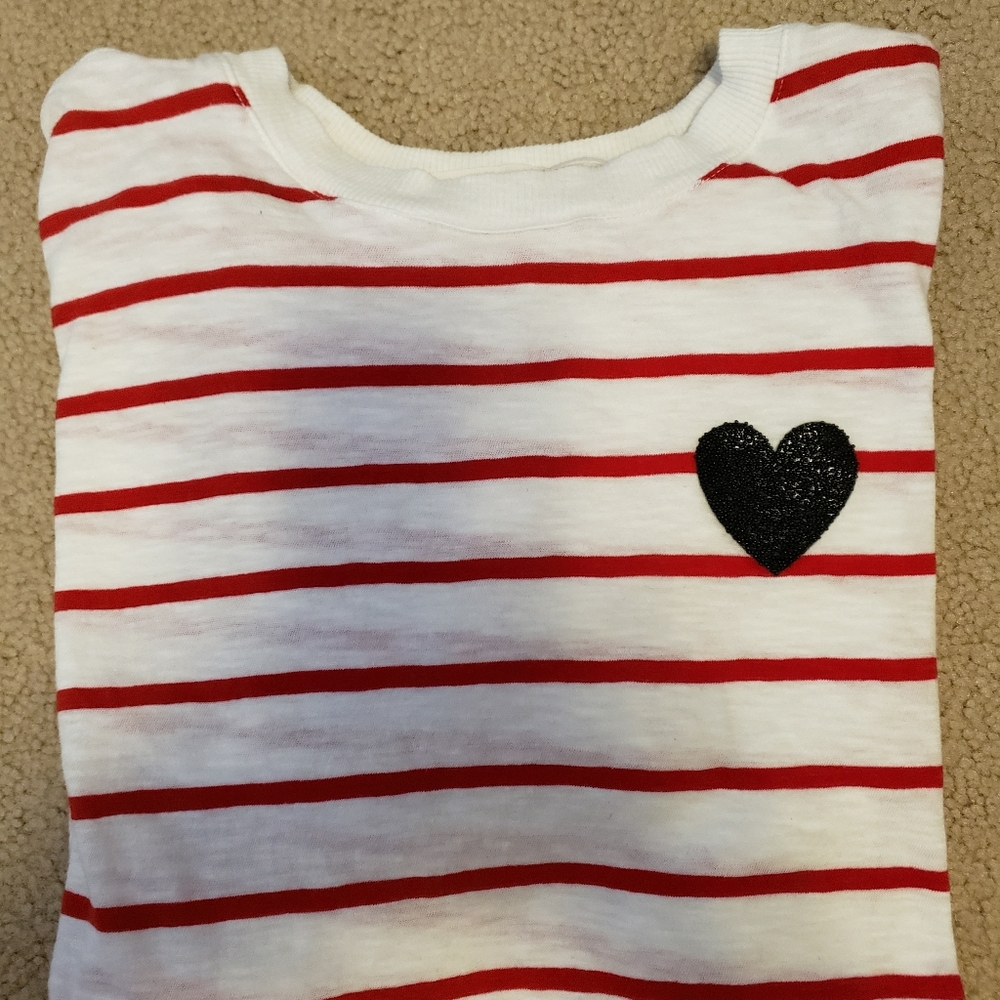 Cotton Tshirt, Red And White Stripe With Beaded Black Heart.